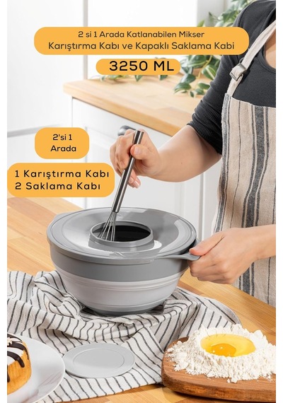 Katlanabilir Silikon Gri Mikser Karıştırma Çırpma Saklama Kabı 3,25 Lt Mıt1285