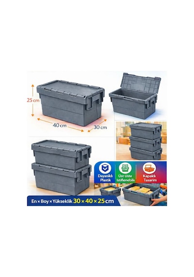 5li 30 40 25 Cm Gri Menteşe Kapaklı Plastik Kasa