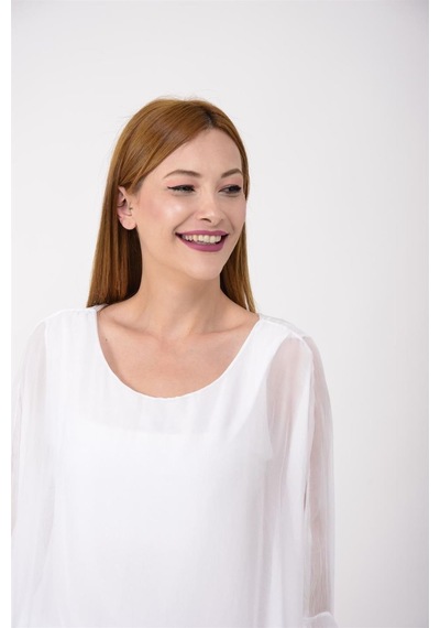 Bohem Stil İtalyan Yarasa Kol İpek Bluz & Pantolon Takım-8767 Beyaz