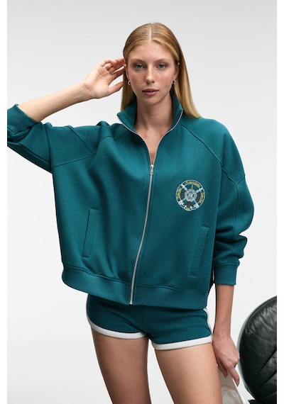 Grimelange Tormenta Kadın Nakışlı Fermuarlı Dik Yaka Çift Cepli Reglan Kol Koyu Turkuaz Sweatshirt Koyu Turkuaz