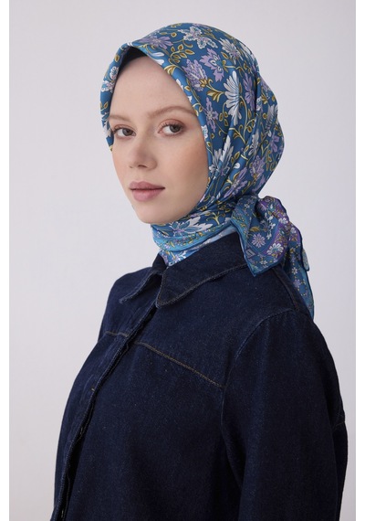 Belli Etnik Desen Saf İpek Twill Eşarp - 2026 İlkbahar-yaz T 4314 Mavi