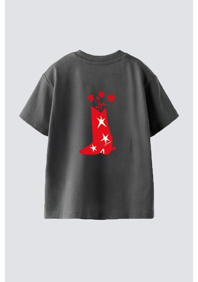 Monila Unisex Çocuk Pamuklu Bisiklet Yaka Sırtı Baskılı T-shirt Antrasit