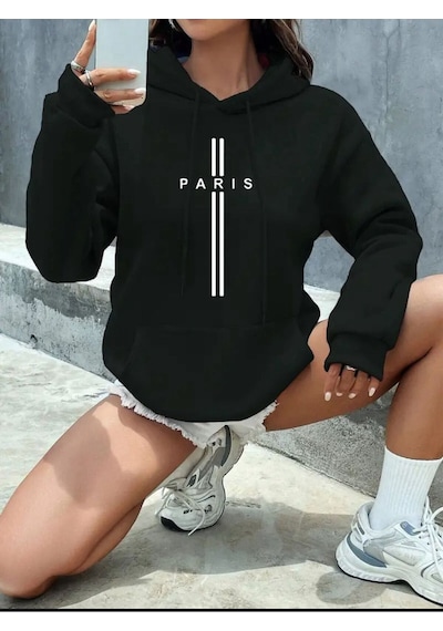 Medinenur Paris Dikey Kapüşonlu Cepli Sweatshirt Siyah