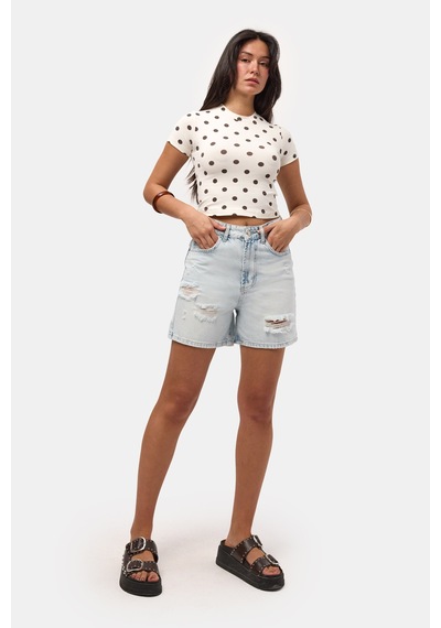Kadın Ekru Puantiyeli S6-101 Crop Fit T-shirt