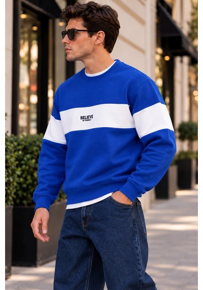 Cool Tarz Erkek Şerit Detaylı Believe Baskılı 3 İplik Şardonlu Bisiklet Yaka Sweatshirt Saks Saks Cool Tarz Erkek Şerit Detaylı Believe Baskılı 3 İplik Şardonlu Bisiklet Yaka Sweatshirt Saks Saks