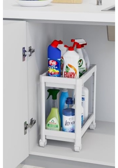 Ayrex 2 Katlı Tekerlekli Düzenleyici Raf Mutfak Tezgah & Evye Altı Dolap İçi Organizer, Banyo Deterjanlık Ve Şamp