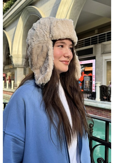 Mollycrush Genç Bej Peluş Pilot Şapka Uniseks Trend Kulaklıklı Kışlık Ushanka Model Bej
