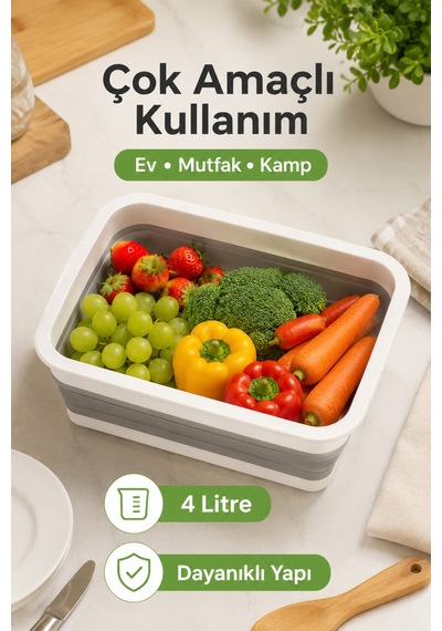 Katlanır Dikdörtgen Badya 4 Litre Pratik Katlanabilir Leğen Beyaz - Gri
