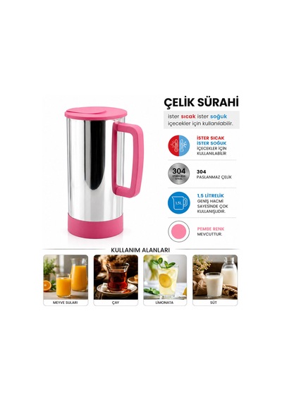 Pembe - Paslanmaz Çelik Sıcak - Soğuk Çelik Sürahi 5671 Çok Renkli