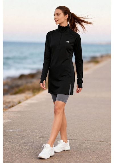 Tommylıfe Siyah Yarım Fermuarlı Dik Yaka Standart Kalıp Kadın Sporcu Tunik - 97309