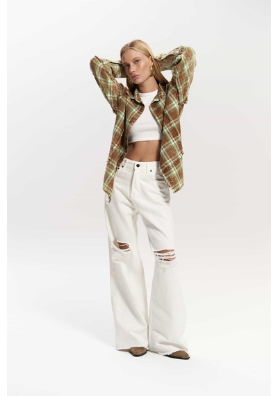 Mai Collection Mai Studios Co. Loma Yıkamalı Oversize Unisex Ekose Kahve Gömlek Kahve