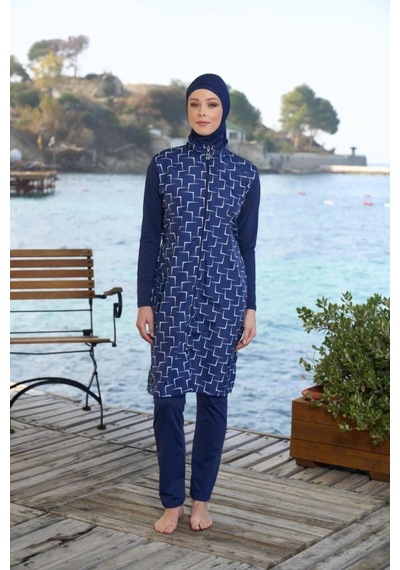 Estiva 25944 Lacivert Fermuarlı Geometrik Desenli Tam Boy Tesettür Mayo Lacivert