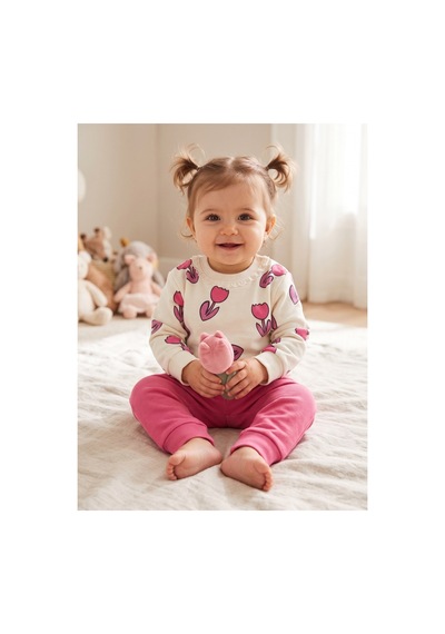 Deniva Kids Kız Bebek Lale Desenli İncili Pamuklu Sweatshirt Ve Eşofman Altı İkili Takım Koyu Pembe Deniva Kids Kız Bebek Lale Desenli İncili Pamuklu Sweatshirt Ve Eşofman Altı İkili Takım Koyu Pembe
