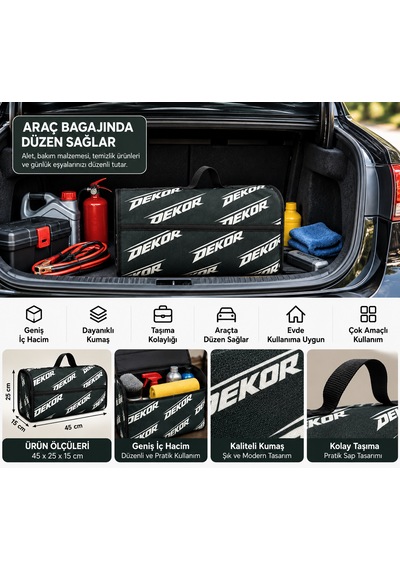 Dekor Desenli Araba Bagaj Çantası Oto Bagaj Organizer Kapaklı Cırtlı Düzenleyici 45x25x15 Cm