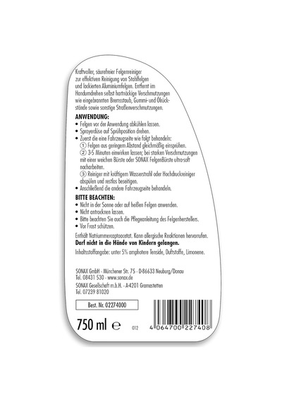 Ayrex Sonax 227 400 Jant Temizleyici, Renkli, 750 Ml