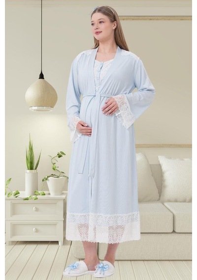 Mecit Pijama Mecit 6204 Bayan Mavi Hamile Lohusa Sabahlık Gecelik Takım