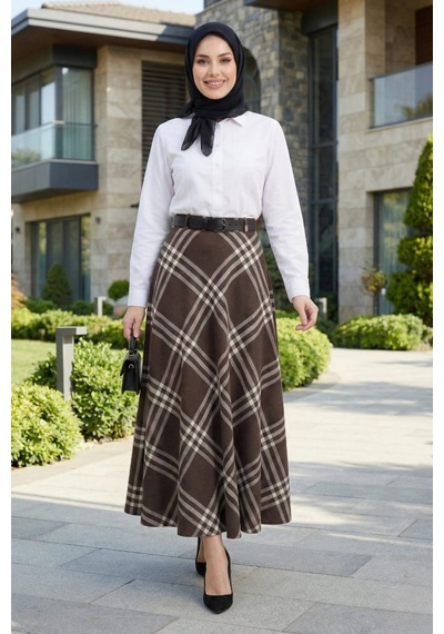 Hb Harma Time Butik Kadın Bej Desenli Kemerli Etek Bej Bej