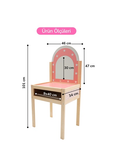 Çocuklar İçin Ahşap Makyaj Masası Ve Yuvarlak Puf Seti
