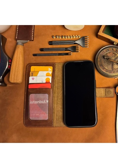 Bideri Patara Apple Uyumlu iPhone 17 Hakiki Deri Cüzdan Kılıf Kahverengi