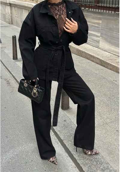 Meecy Bağlamalı Denim Takım Oversize Ceket Ve Yüksek Bel Pantolon Siyah Siyah