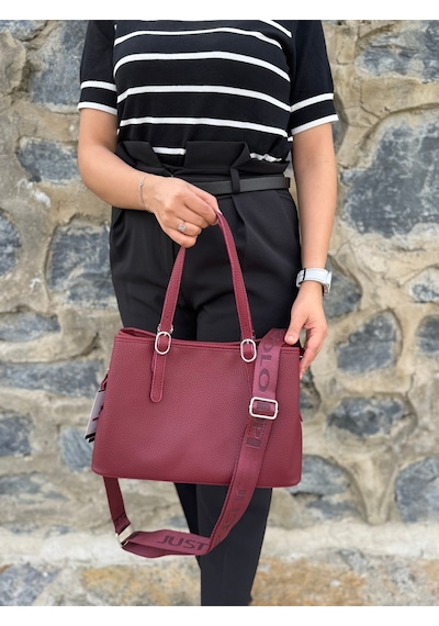 Just Polo Kadın Orijinal Just Polo Yumuşak Deri Ayarlanabilir Askılı Lüks El & Omuz Çantası Shoulder Bag Bordo