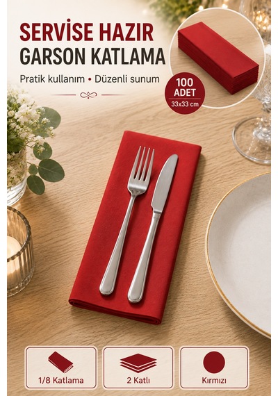 33x33 Cm Kırmızı Garson Katlama Peçete 2 Katlı 100 Adet Restaurant Cafe Otel Davet Masa Servis Kağıt Diğer