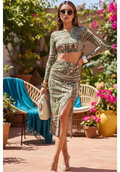 Fashion Cocktail Antik Desenli Yan Büzgülü Yırtmaçlı Esnek Tül Kumaş Etek Uzun Kol Crop Takım Koyu Yeşil Fashion Cocktail Antik Desenli Yan Büzgülü Yırtmaçlı Esnek Tül Kumaş Etek Uzun Kol Crop Takım Koyu Yeşil