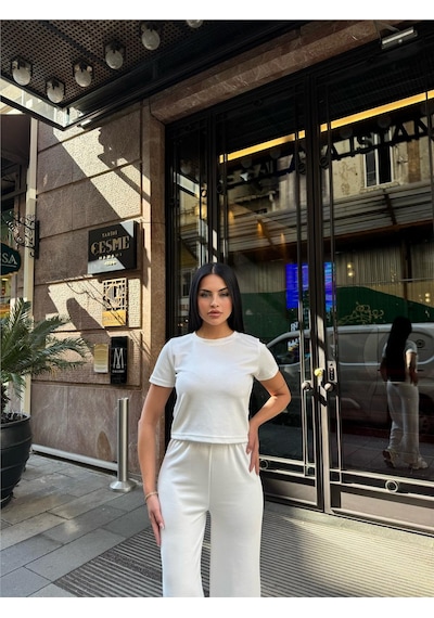 WeShaya Beyaz Palazzo Modal Polyester Keten Takım Beyaz
