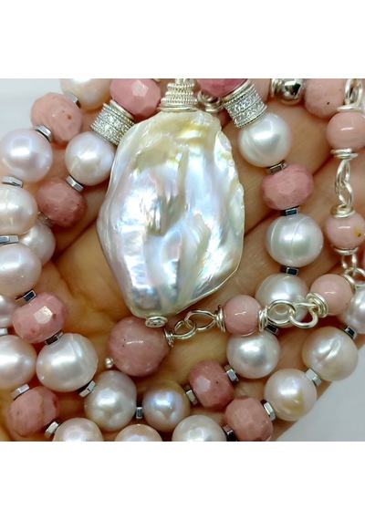 Sibelce 2686 Doğal Barok Ve Pembe İnci Rodonit Hematit Çelik Aparatlı El Yapımı Kolye Çok renkli