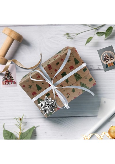 İtalyan Hediye Paketleme Kağıdı, Kraft Ev, Çam, Çiçek Desenli Amb