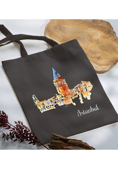 Bk Gift İstanbul Tasarımlı-3 Antrasit Kumaş Bez Çanta, Baskılı Omuz Çantası, Alışveriş Çantası, Anneye Hediye Sarı