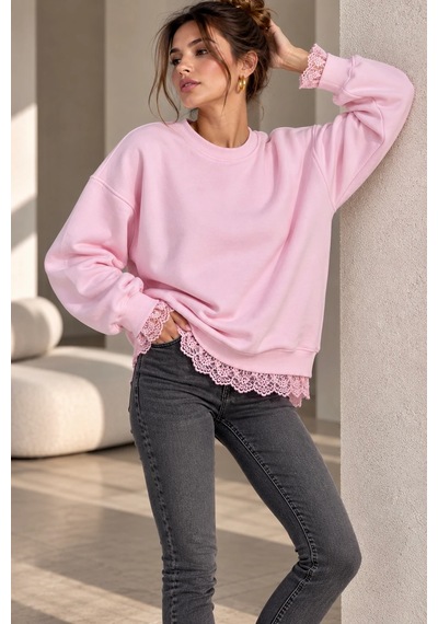 Bb Butik Basic Dantel Detaylı 3 İplik Şardonlu Kadın Sweatshirt My3535 Pembe