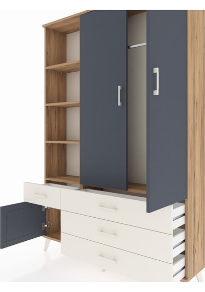 Arges Dolap 5 Raflı 4 Çekmeceli Tek Askılı 132x30x195 Çam-ant... Çam