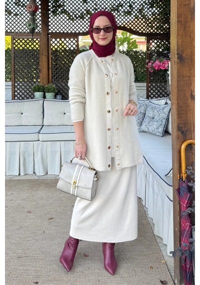 Rabia Şamlı Sedef Angora Triko Hırka Taş Normal