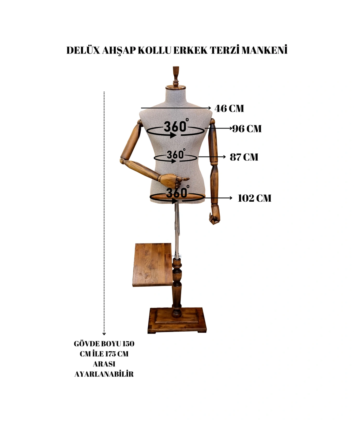 Delüx 48 Beden Erkek Ahşap Kollu Terzi Mankeni Vitrin Mankeni Cansız Manken