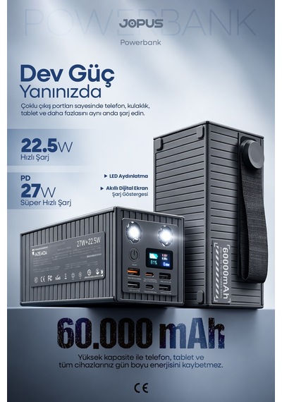 Jopus 60.000 mAh 27W Süper Hızlı Outdoor Kamp Powerbank Dijital Göstergeli Fenerli Taşınabilir Şarj Cihazı
