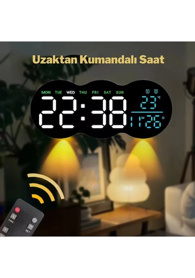 Etashop Uzaktan Kumandalı Bulut Led Duvar Saati Ortam Işıklı Büyük Dijital Ekran Çift Alarm Sıcaklık Siyah