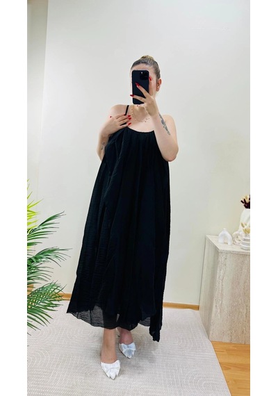 Elora Atelier Büzgülü Askılı Siyah Maxi Boy Elbise Çok Renkli