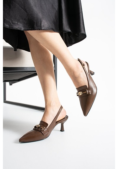 Dericia Shoes Infinity Hakiki Deri Kadın İnce Topuklu Arka Açık Ayakkabı Kahverengi