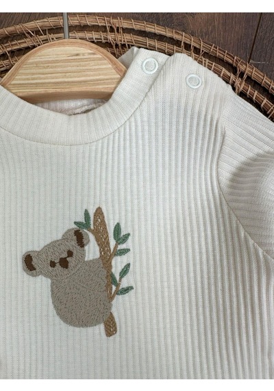 Bebicix Triko Askılı Koala Temalı Kaşkorse Esnek Badili Bereli Unisex Bebek Takım HARDAL