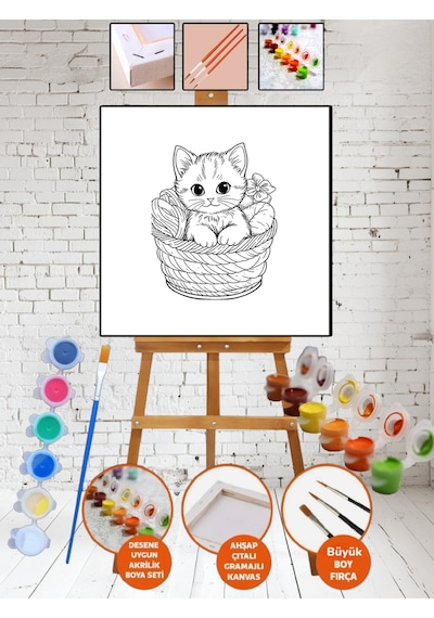 Sayılarla Kanvas Minnoş Kedi Boyama 25x35 Tuval Fırça Etkinlik Ve Hobi Çocuk Seti