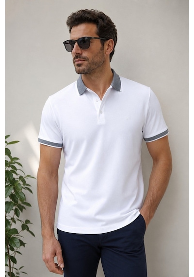 Efor Comfort Fit Rahat Kalıp %100 Pamuk Kıvrılmaz Yaka Beyaz Polo Yaka Tişört Ts 931