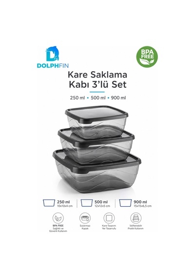 3 Lü Kare Saklama Kabı Seti 250 Ml 500 Ml 900 Ml Füme Şeffaf Bpa İçermez Siyah