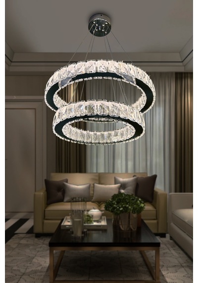 2 Daire Taşlı Modern Led Avize Krom