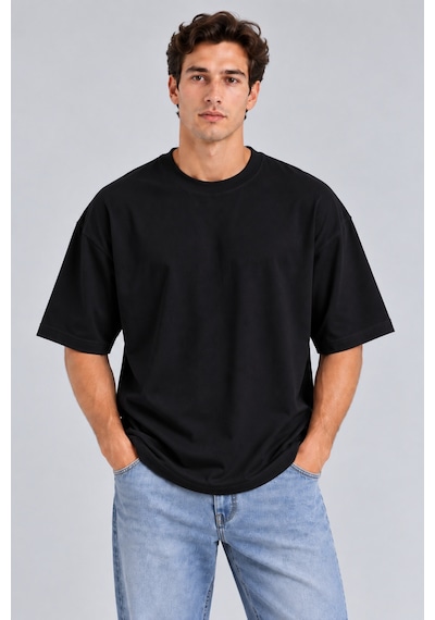 Parshey Unisex Oversize Tişört %100 Pamuk Premium Kalın Kumaş Rahat Kesim Siyah