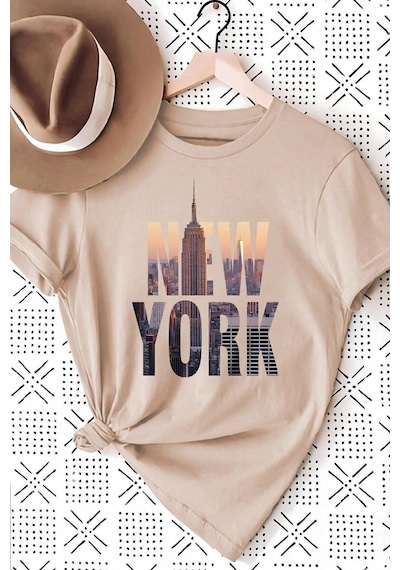 Uyguntarz Unisex New York Baskılı Oversize Tshirt Bej