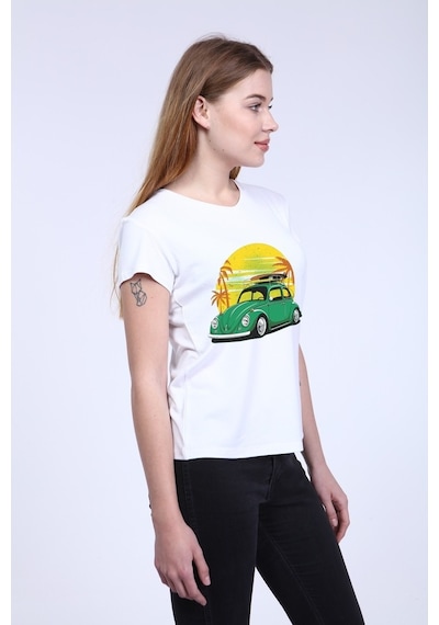 Newdesigner Kadın Beyaz Ön Araba Baskılı V Yaka Tshirt Beyaz