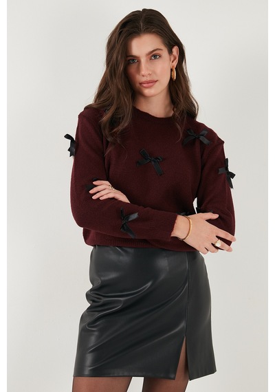 Lela Premium Regular Fit Bisiklet Yaka Fiyonk Detaylı Triko Bayan Kazak 680Kz00155 Bordo