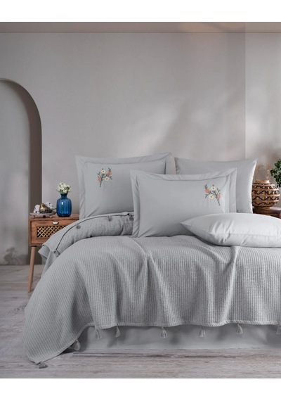 New Home Saçaklı Nakışlı Lüx Pike Takımı Çift Kişilik Gri