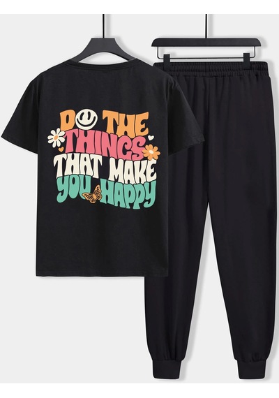 Uyguntarz Unisex Do The Things That Make You Happy Baskılı 2'li Eşofman Takımı Siyah
